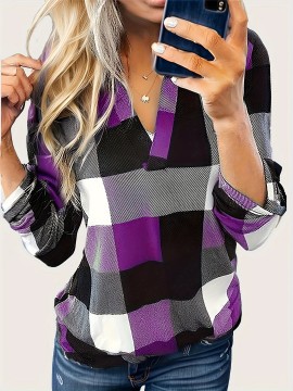 Plaid Print Notched Neck Blouse, Casual Long Sleeve Top For Spring & Fall, Women's Clothing