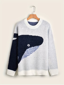Men's Cartoon Whale Print Loose Fit Warm Sweater - Casual Retro Style for Fall and Winter