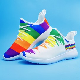 Men's Rainbow Color Pattern Lace-up Sneakers - Athletic Shoes - Lightweight And Breathable, LGBTQ+pride Month For Halloween