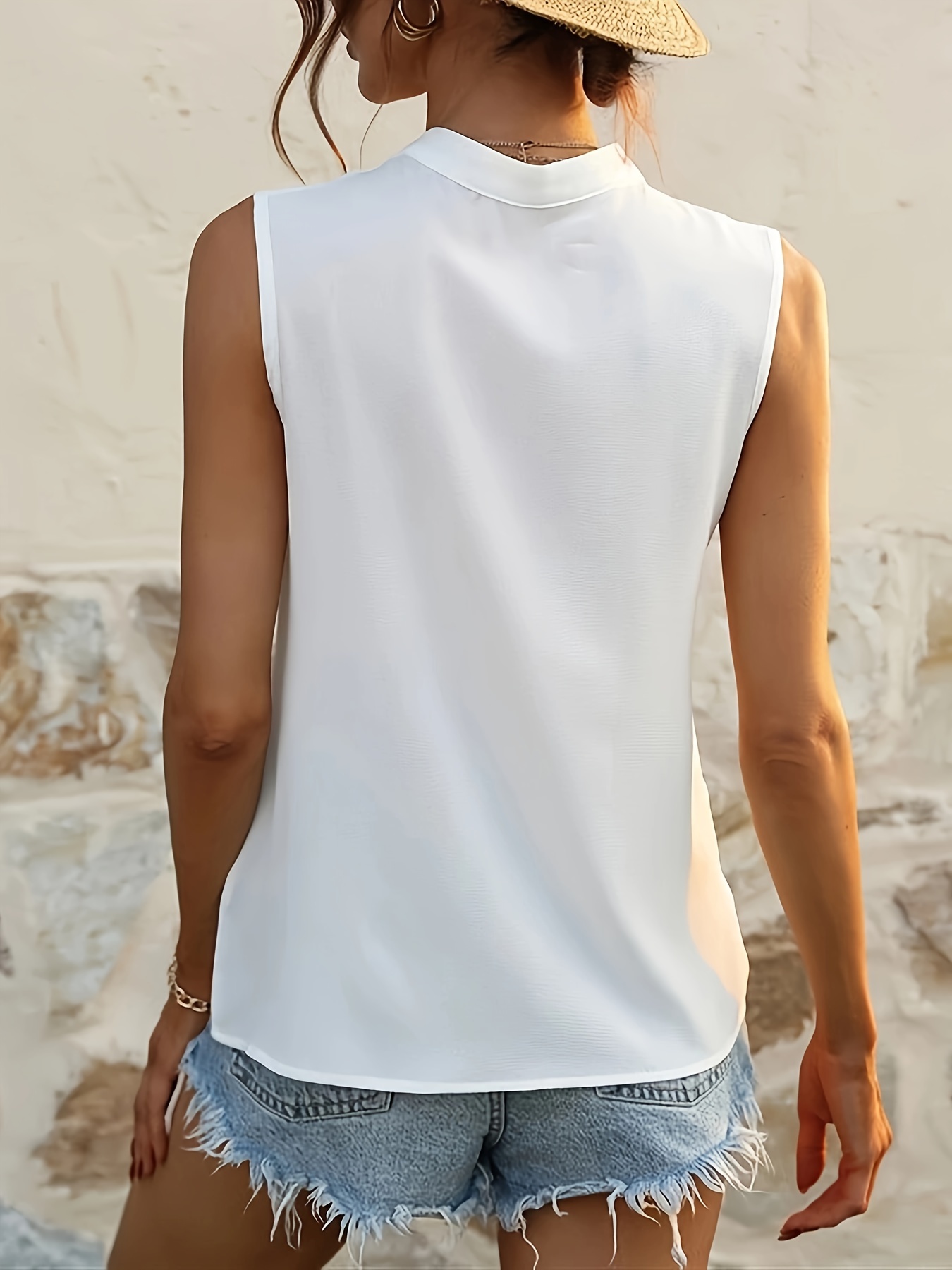 hollow out notched neck blouse vacation style sleeveless loose blouse for spring summer womens clothing details 2
